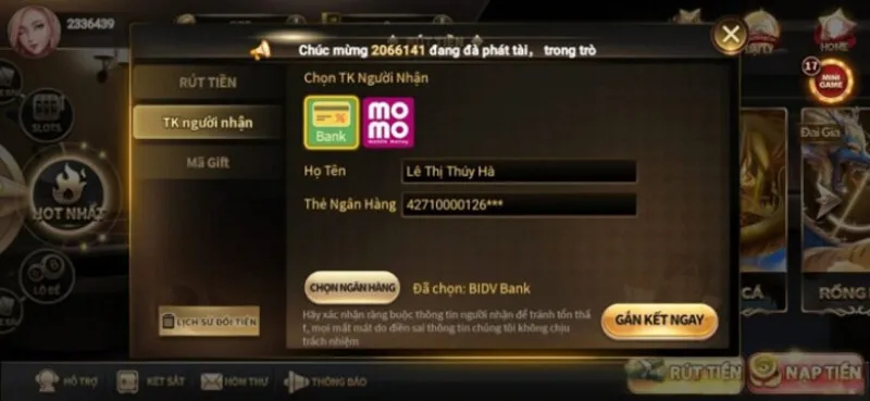 Tiến hành nạp tiền trước để tham gia đặt cược